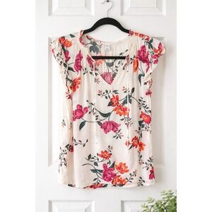 Old Navy White Floral Print Flutter Sleeve V Neck Tie Neck Blouse Top M